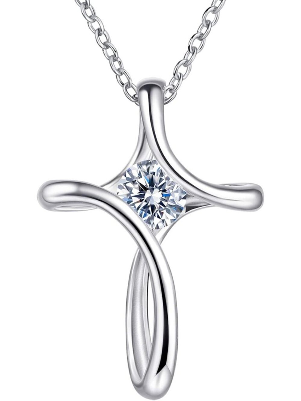 Women's Silver Diamond Sideways Sterling Silver Birthstone Cross Necklace Chain